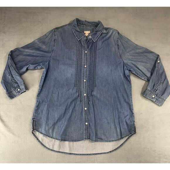 Chico's Womens Blue Roll Tab Sleeve Collared Button Up‎ Pleated Shirt Size 3 XL - Picture 1 of 9